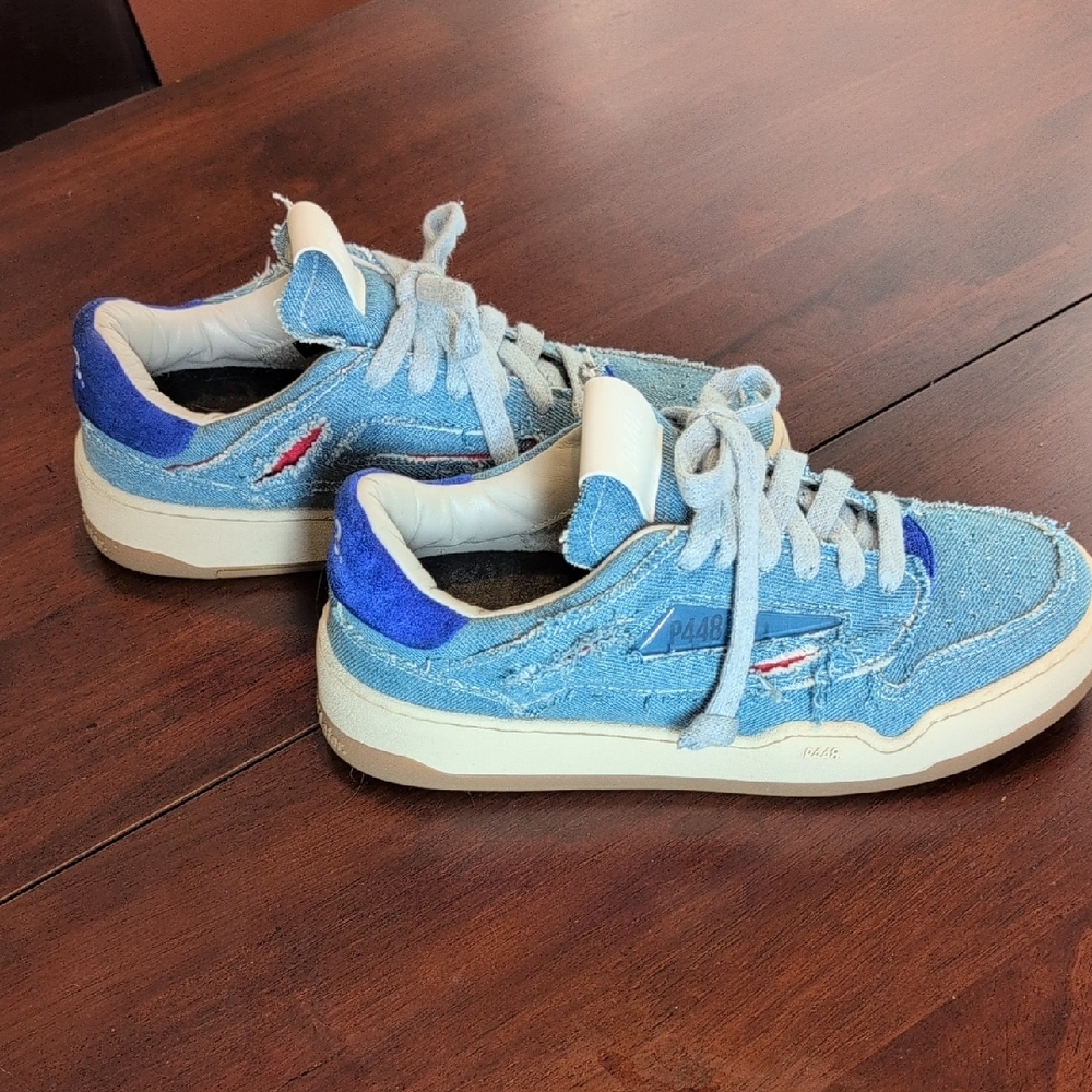 P448 Distressed Denim Sneakers with Blue Accents